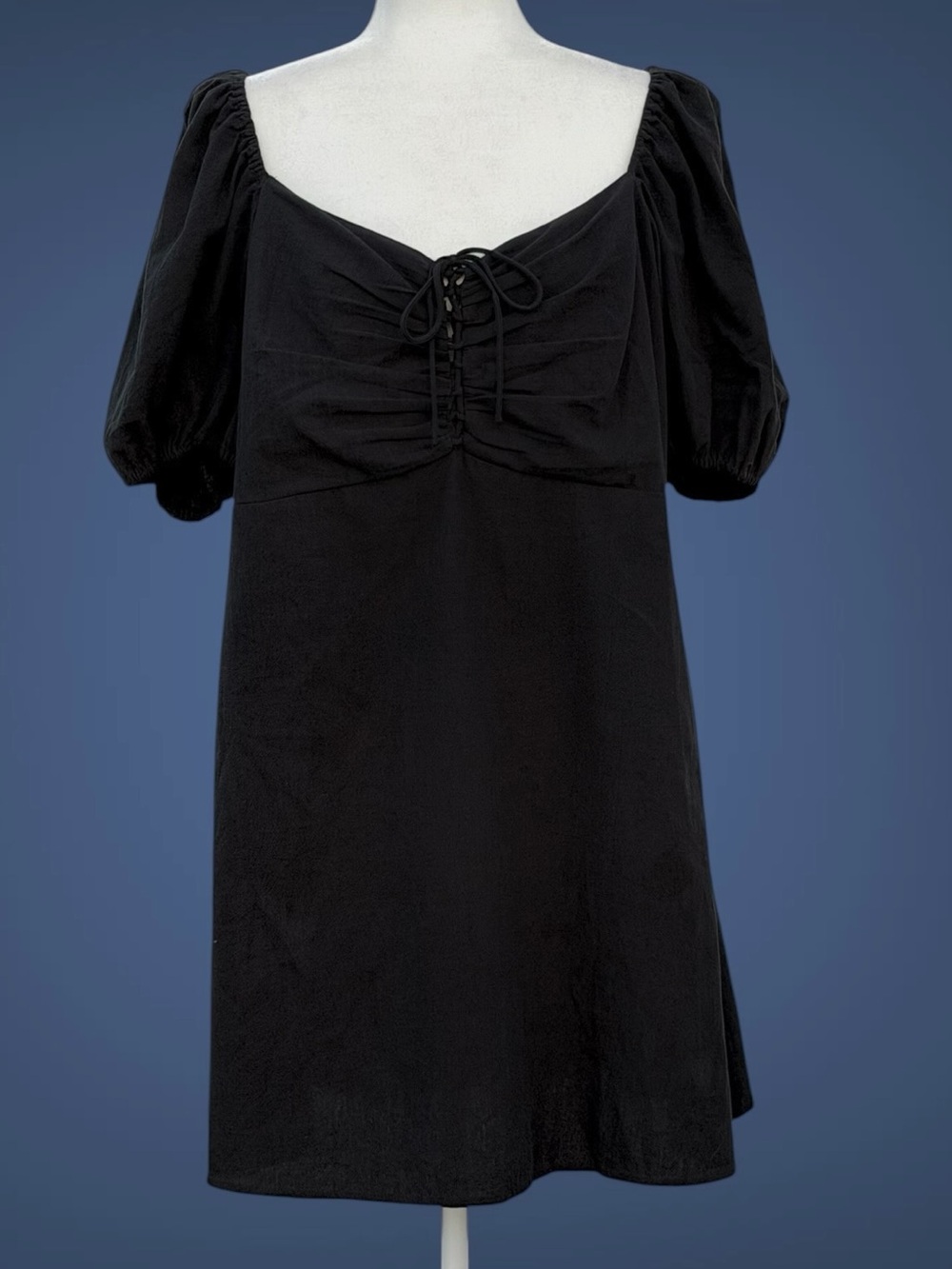 H&M Black Linen Blend Puff-Sleeve Lace Front Milkmaid Peasant Mini Dress, XL